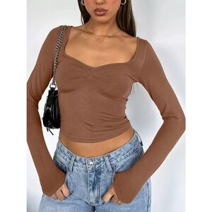Elegant Brown Long Sleeve Crop Top